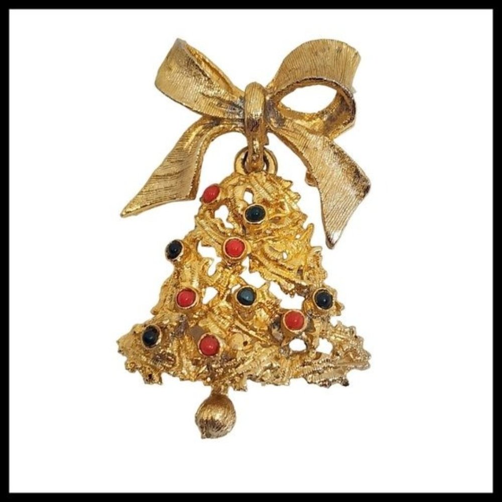 Vintage Christmas Holiday Bell Pin Cabachons Movable Clapper Bow Brooch Gold Ton